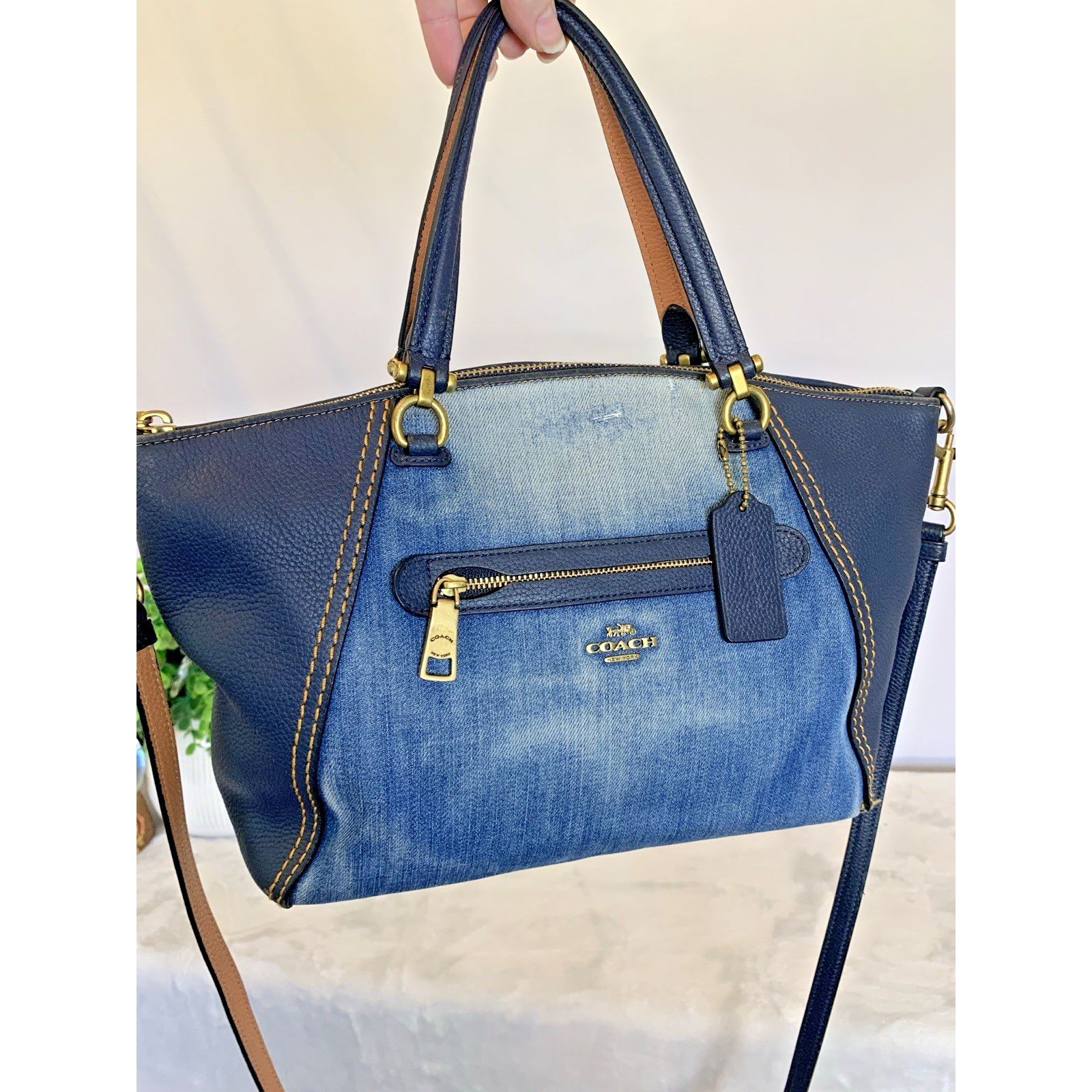 Coach Prairie Satchel Denim Blue Leather Trim Crossbody Bag Floral 67332
